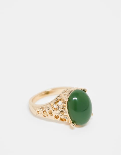 Reclaimed Vintage unisex antique ring with faux emerald stone in green and gold - view 1