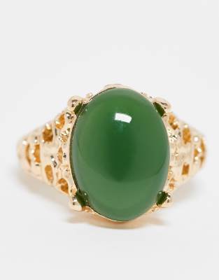 Reclaimed Vintage Unisex Antique Ring With Faux Emerald Stone In Gold