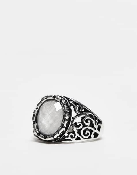 Reclaimed Vintage unisex antique ring with faux moonstone in silver - view 1