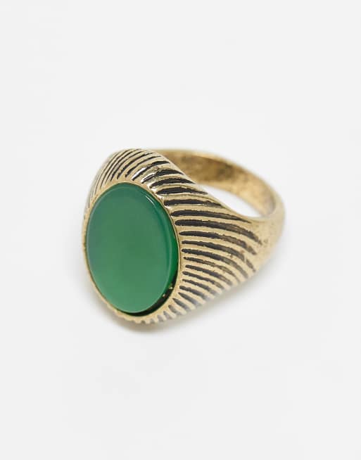 Reclaimed Vintage unisex antique ring with green stone in burnished gold, 2 of 3