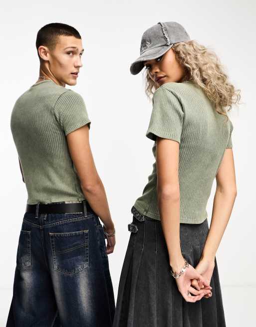 Reclaimed Vintage unisex applique shrunken tee in rib in washed khaki, 4 of 4