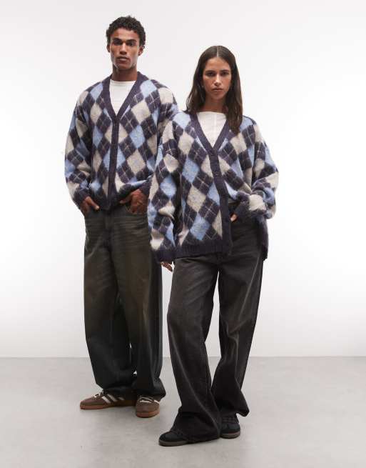 Reclaimed Vintage unisex argyle oversized cardi in white and blue, 3 of 4
