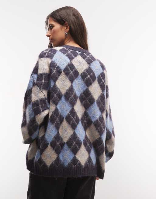 Reclaimed Vintage unisex argyle oversized cardi in white and blue, 4 of 4