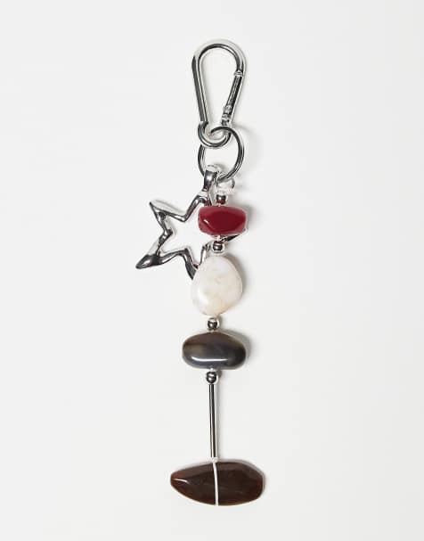 Reclaimed Vintage unisex bag charm and key ring with star and faux stones in silver - view 1