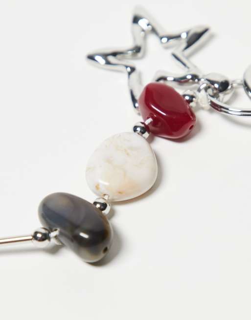 Reclaimed Vintage unisex bag charm and key ring with star and faux stones in silver