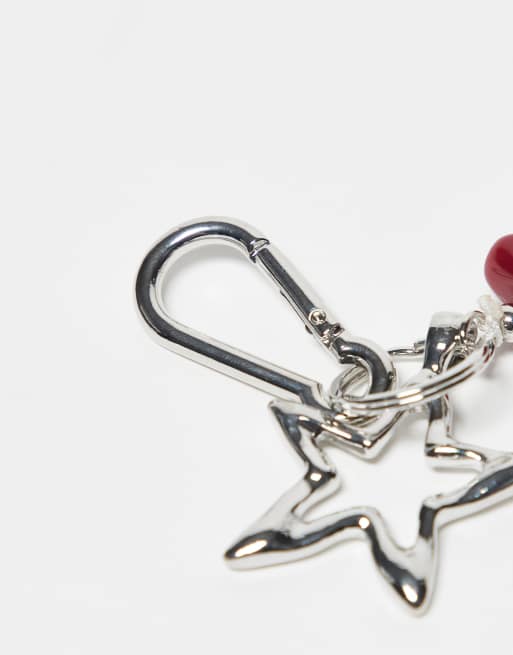 Reclaimed Vintage unisex bag charm and key ring with star and faux stones in silver
