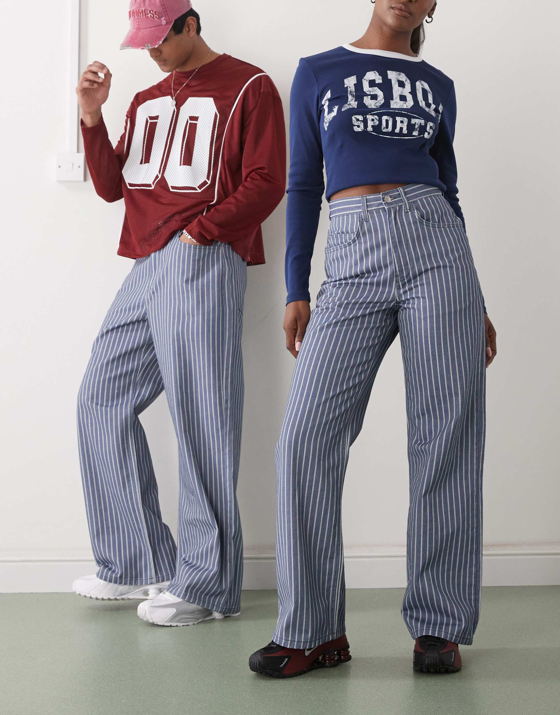 reclaimed vintage unisex baggy denim jeans in blue pinstripe