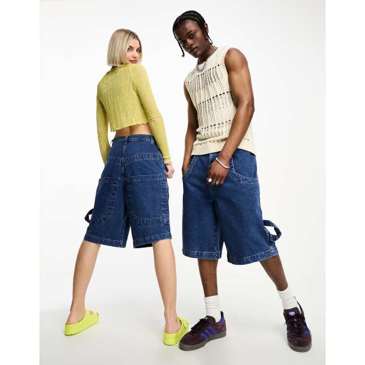 Reclaimed Vintage unisex baggy skate denim shorts in blue | ASOS