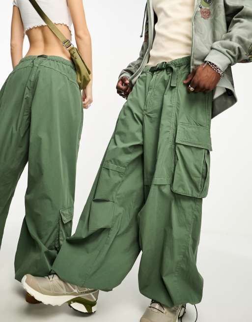 Reclaimed Vintage unisex baggy tech parachute cargos in khaki