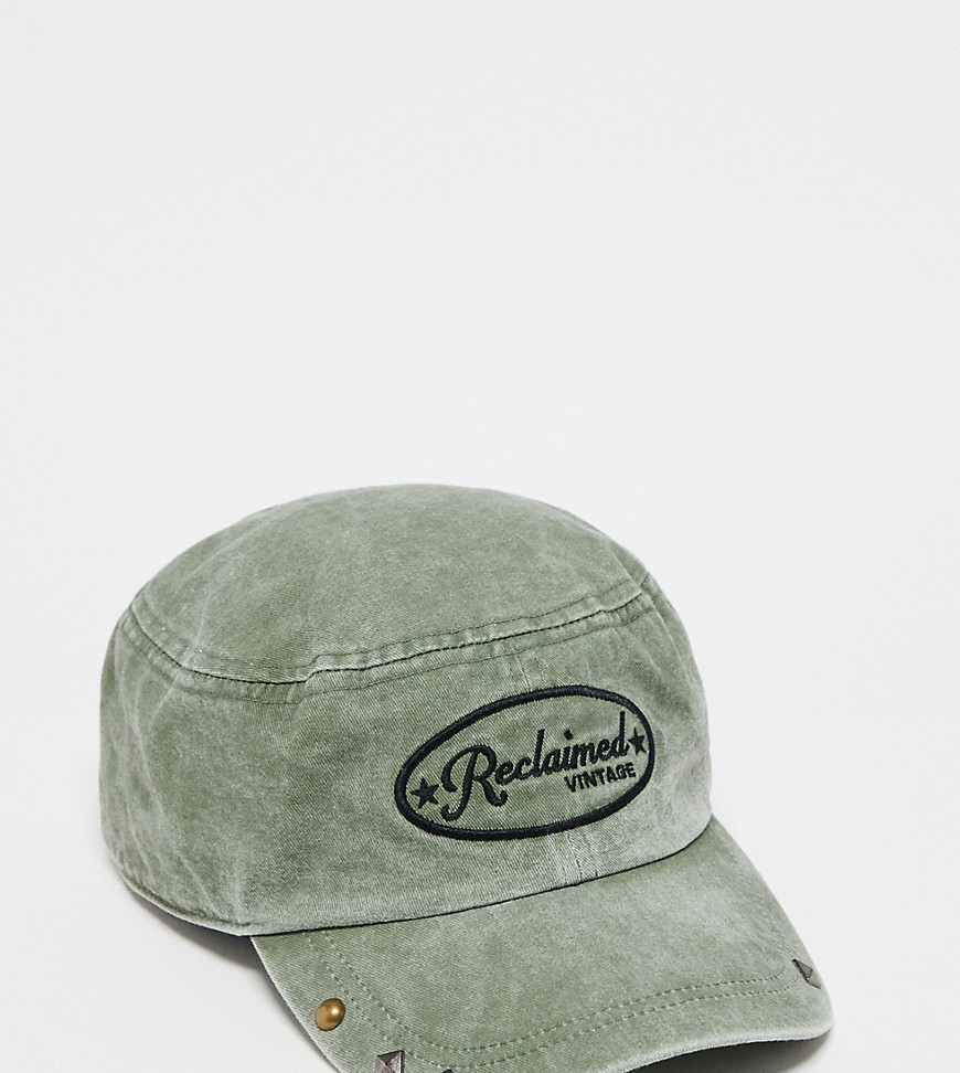 Reclaimed Vintage Unisex Baker Boy With Logo And Stud Details In Khaki-gray In Green