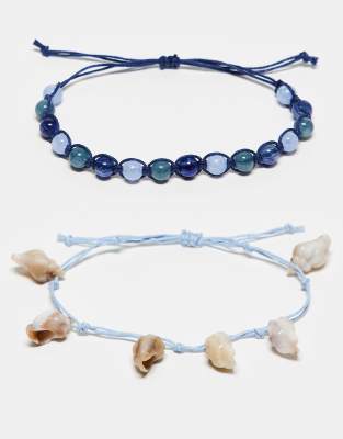 Unisex beaded anklet 2 pack with shells in light and dark blue-Multi