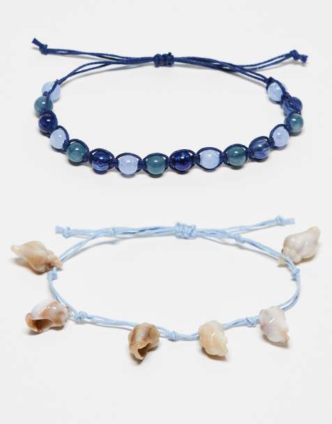 Reclaimed Vintage unisex beady anklet 2 pack with shells in light and dark blue - view 1