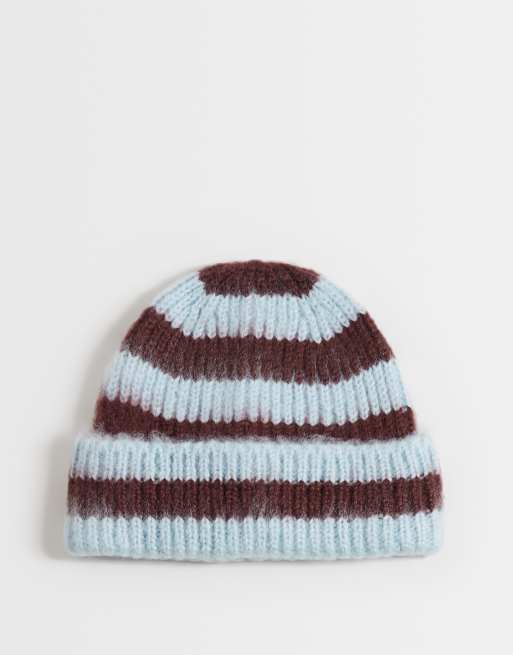 Reclaimed Vintage unisex beanie in blue and brownstripe, 1 of 3