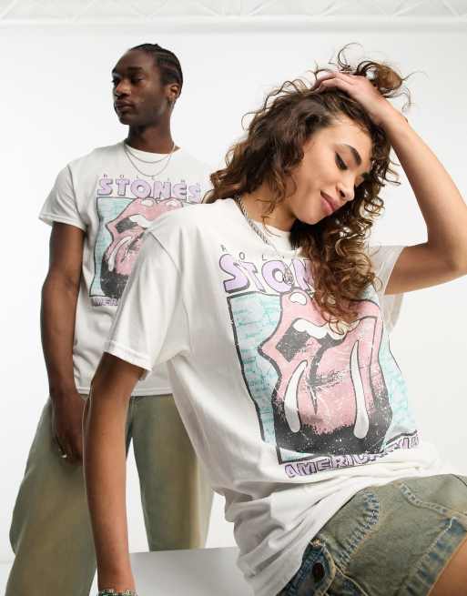 Reclaimed Vintage Unisex – Biały T-shirt z licencjonowanym nadrukiem Rolling Stones 
