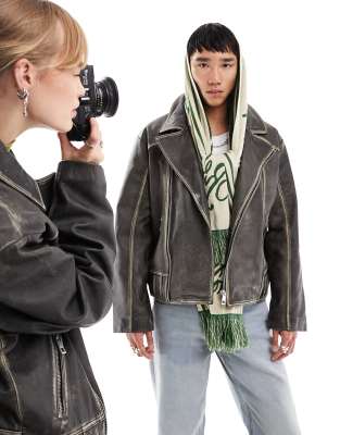 Reclaimed Vintage – Unisex – Bikerjacka i läder med tvättad finish