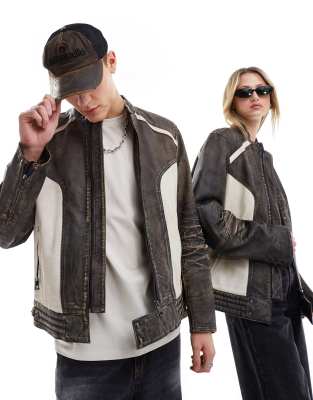 Reclaimed Vintage - Unisex-Bikerjacke aus echtem Leder in verwaschenem Braun und Ecru-Brown