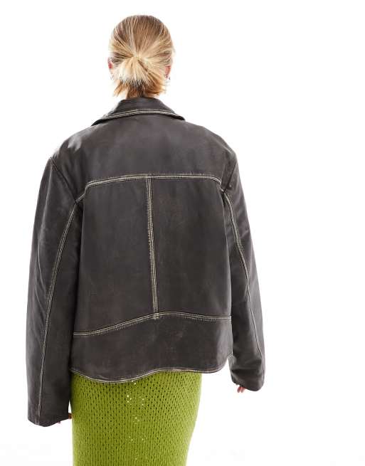Reclaimed Vintage - Unisex - Bikerjakke i vasket læder, 2 af 4