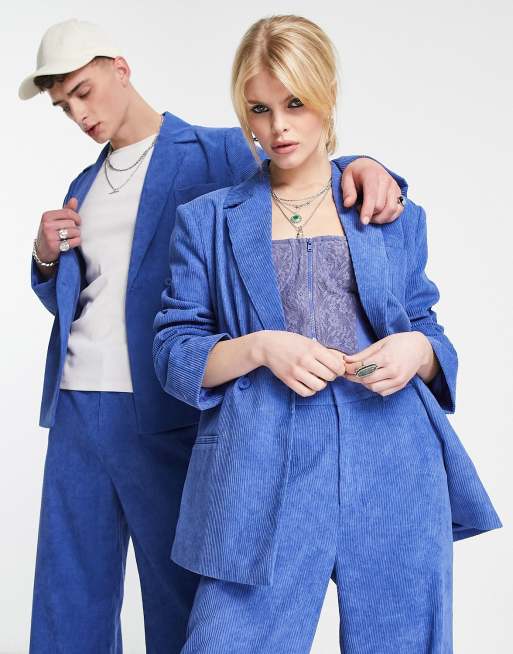 Reclaimed Vintage - Unisex - Blå firkantet blazer i jernbanefløjl