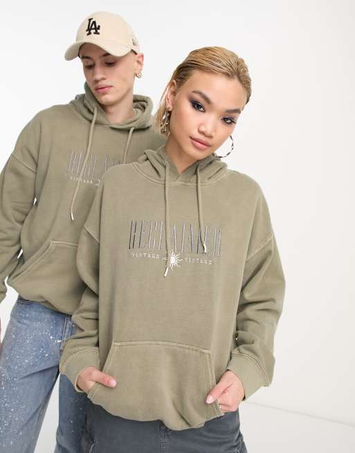 Reclaimed Vintage unisex block logo hoodie in washed khaki ASOS