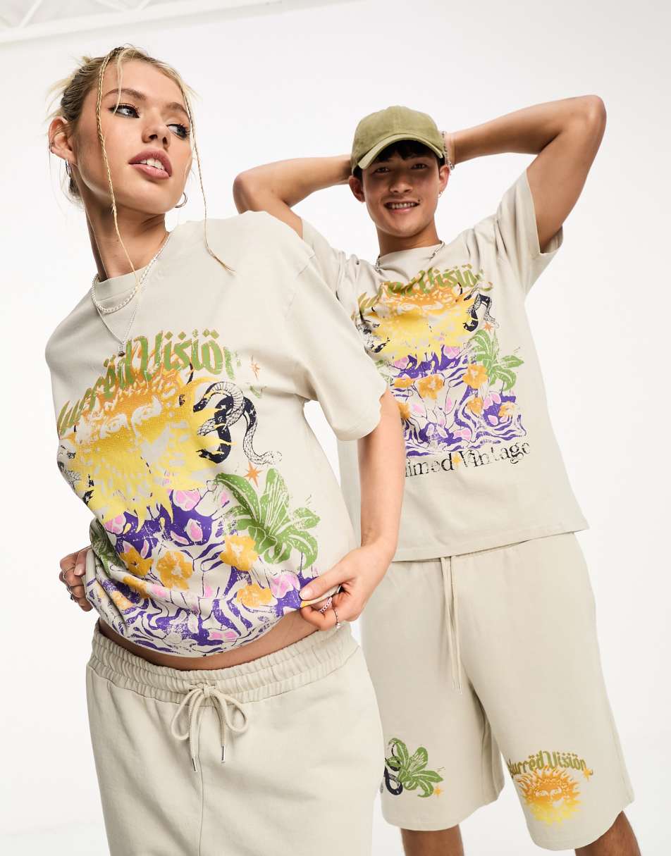 Reclaimed Vintage unisex blurred vision graphic t-shirt co-ord in stone