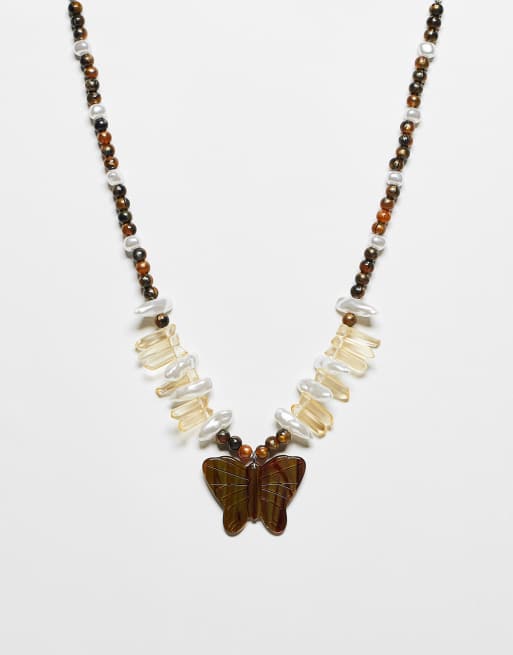 Reclaimed Vintage unisex boho beaded necklace with butterfly