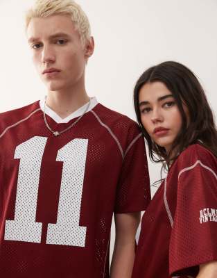 Reclaimed Vintage - Unisex - Bordeaux cropped firkantet T-shirt i airtex - view 1