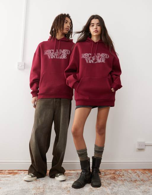 Reclaimed Vintage - Unisex - Bordeaux oversized hættetrøje med spray-print, 2 af 4