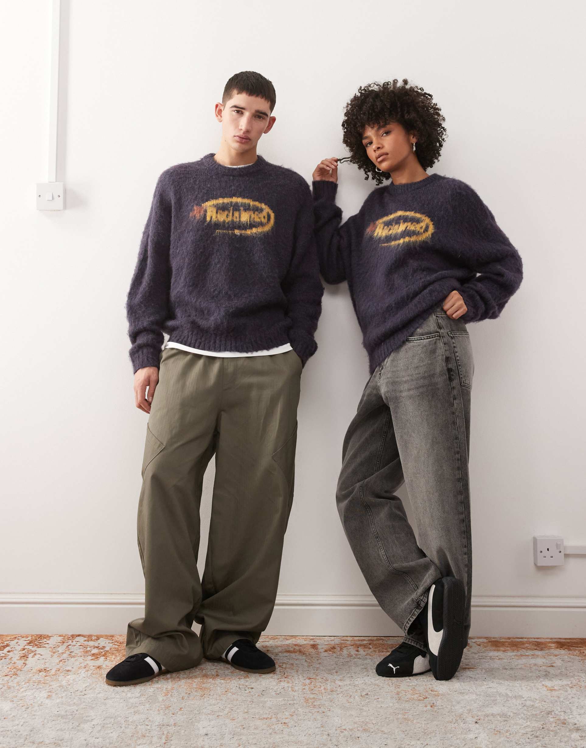 reclaimed vintage unisex boxy crew neck brushed knit sweater with logo in navy