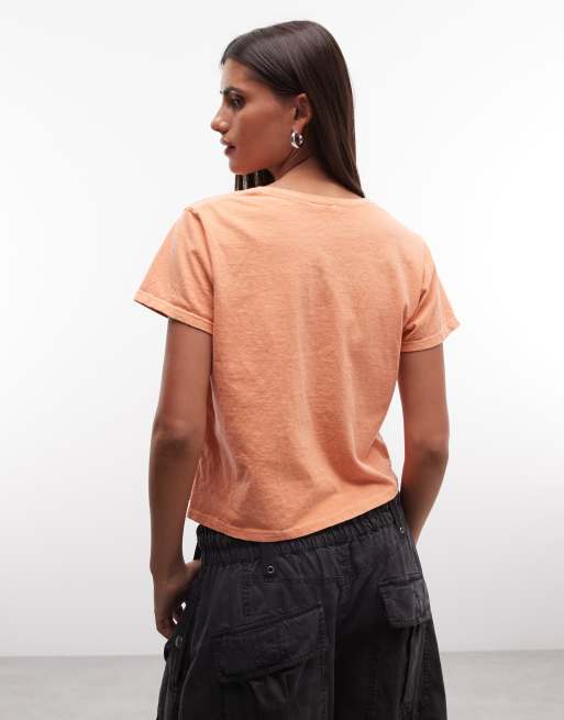 Reclaimed Vintage Unisex boxy cropped slogan t-shirt in orange, 4 of 4