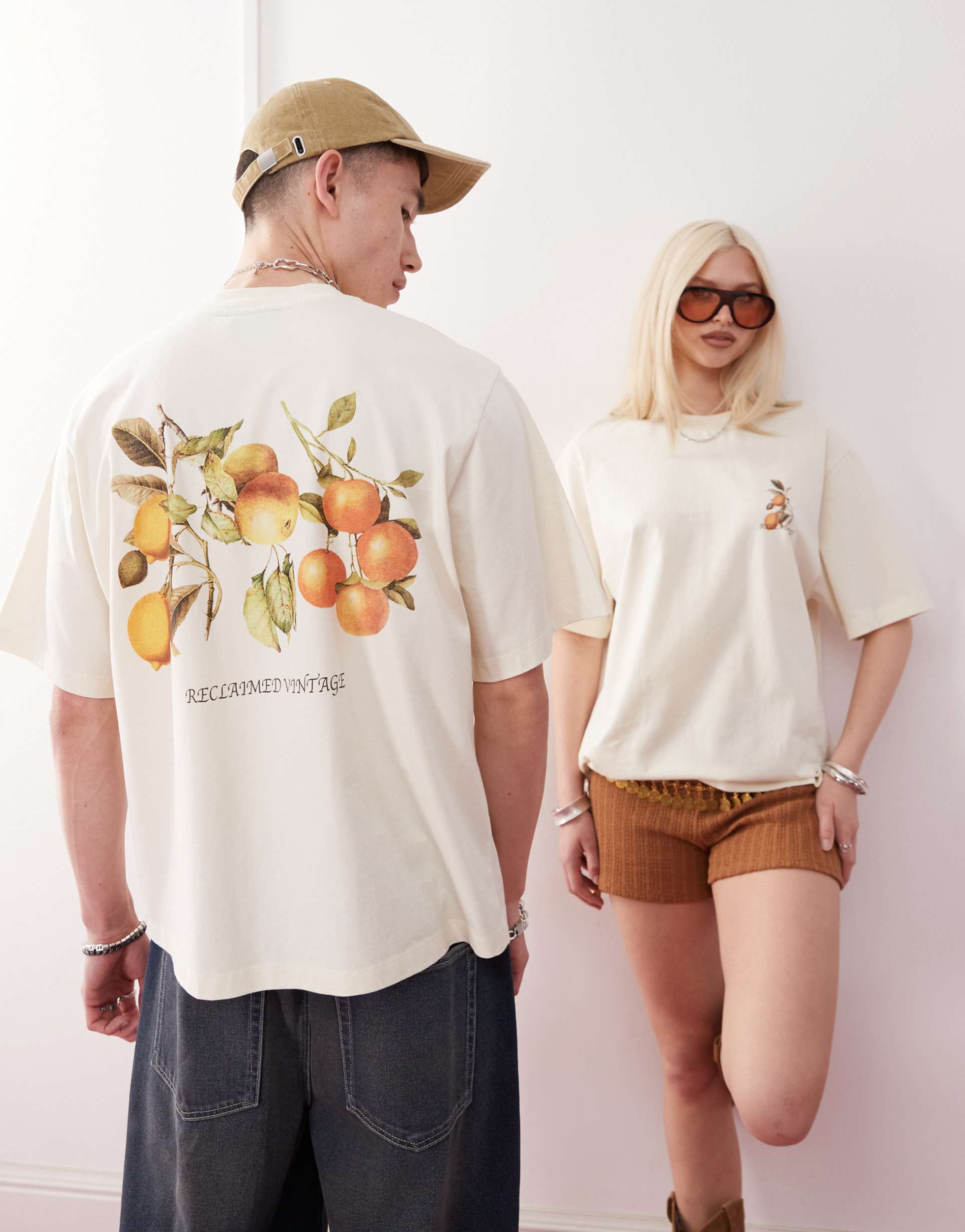 reclaimed vintage unisex boxy cropped t-shirt with back fruit print in ecru