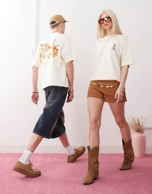 Reclaimed Vintage unisex boxy cropped t-shirt with back fruit print in ecru