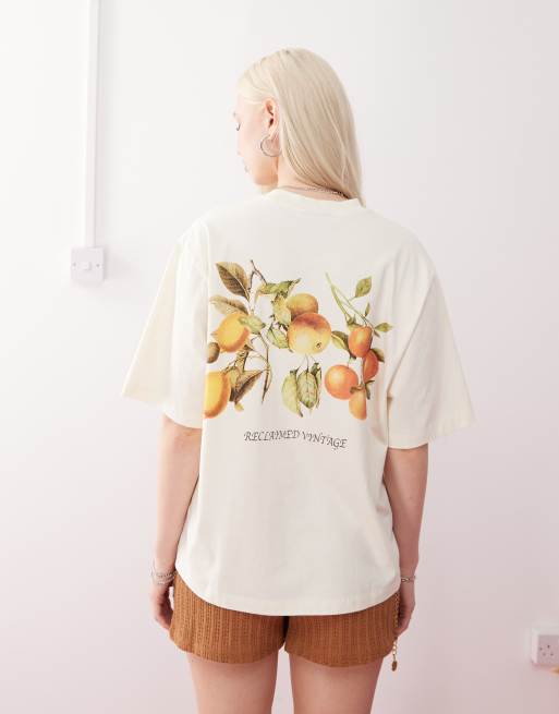 Reclaimed Vintage unisex boxy cropped t-shirt with back fruit print in ecru