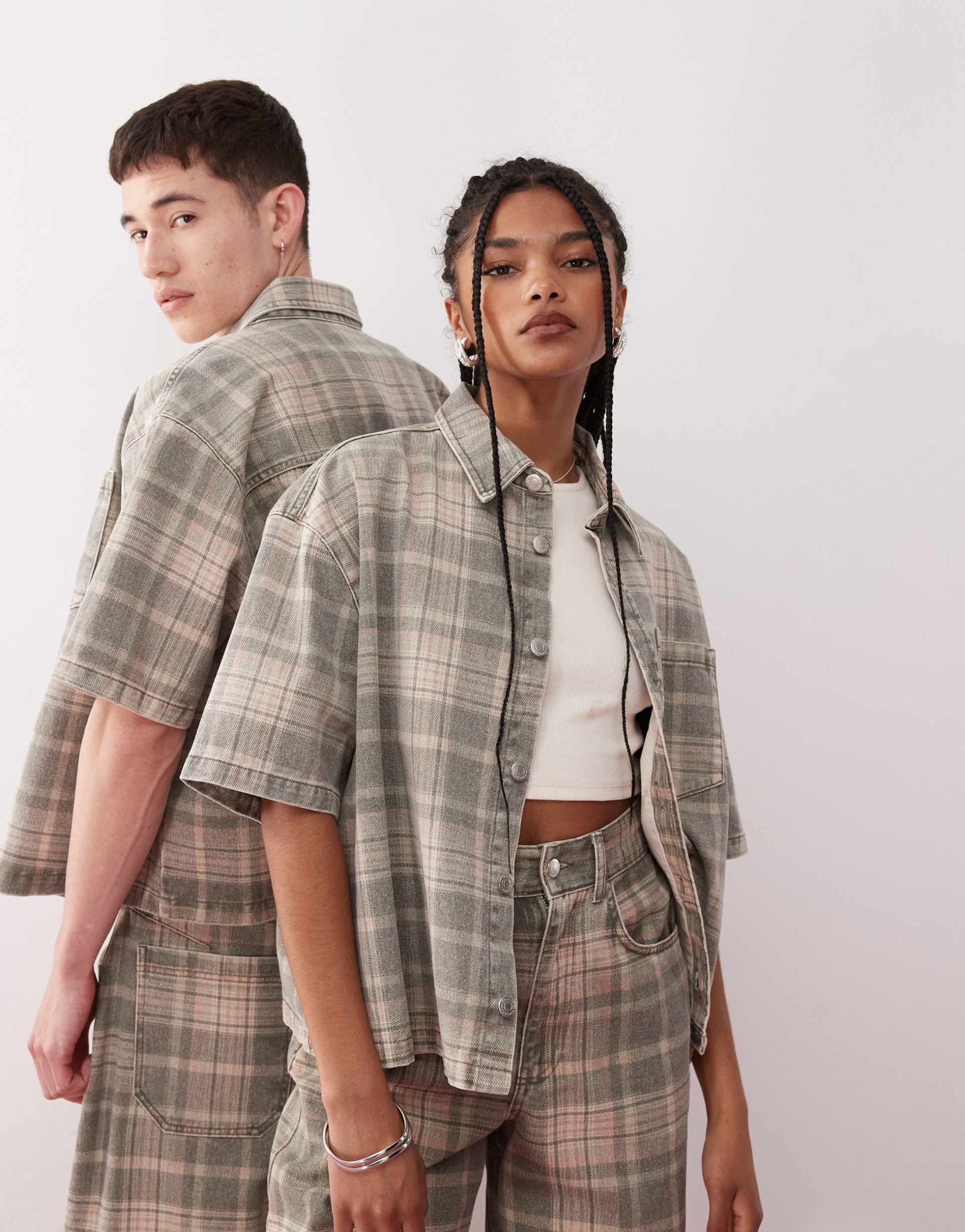 reclaimed vintage unisex boxy denim shirt in plaid