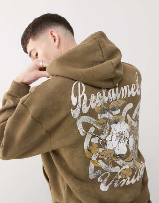 Reclaimed Vintage unisex boxy hoodie with back graphic in khaki