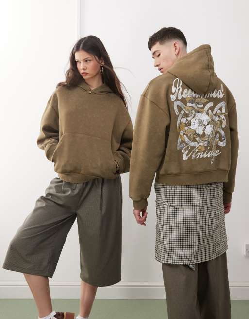 Reclaimed Vintage unisex boxy hoodie with back graphic in khaki