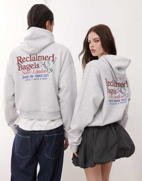 Reclaimed Vintage unisex boxy hoodie with back graphic print in grey marl - view 1