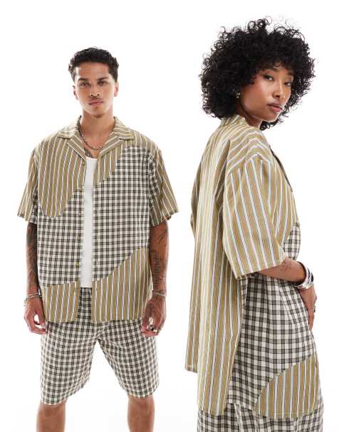Reclaimed Vintage unisex boxy oversized shirt in splice check and stripe - view 1