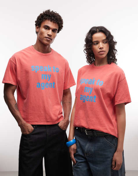 Reclaimed Vintage unisex boxy oversized tee in red with speak to my agent - view 1