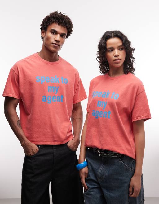 Reclaimed Vintage unisex boxy oversized tee in red with speak to my agent