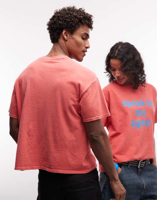 Reclaimed Vintage unisex boxy oversized tee in red with speak to my agent, 3 of 4