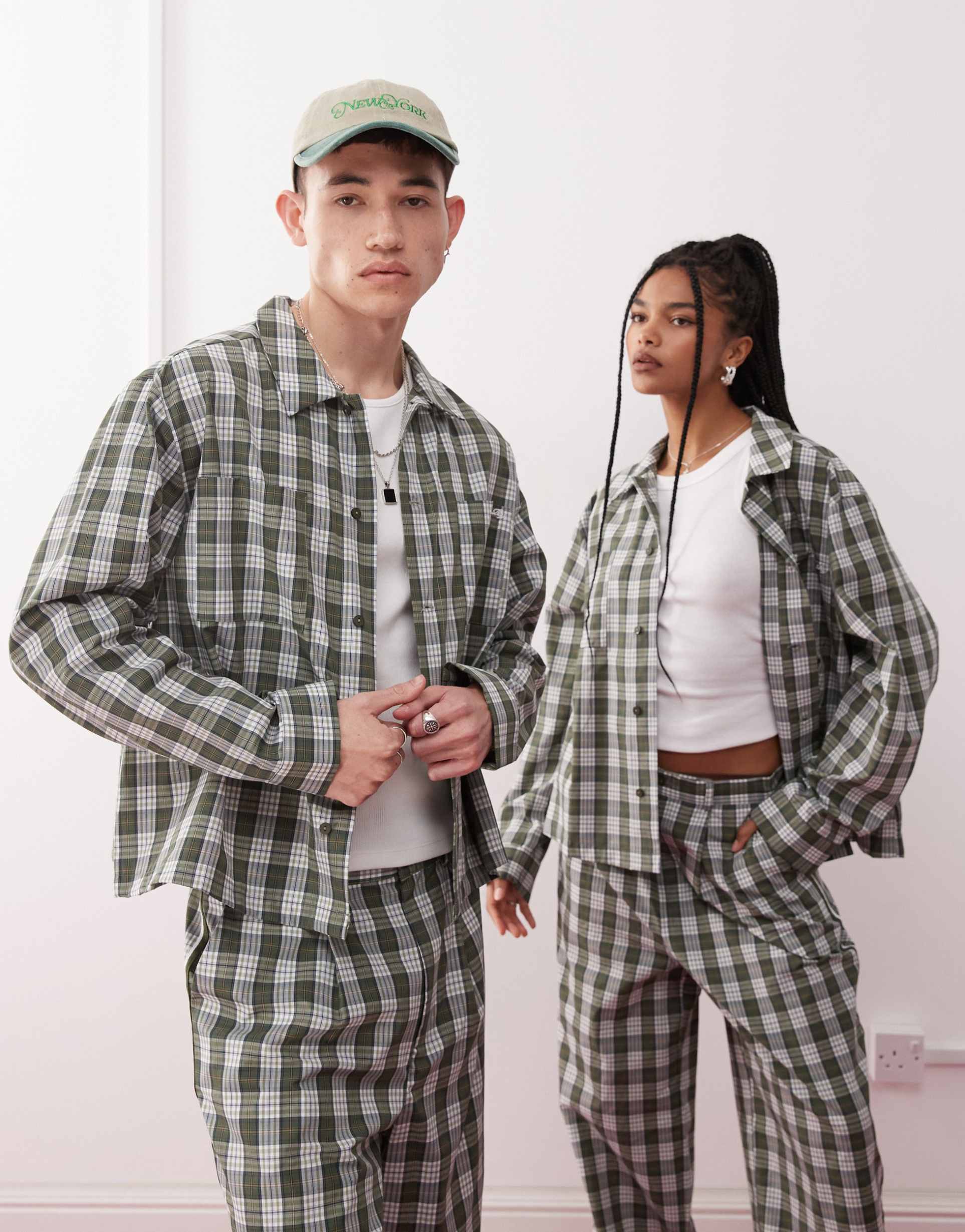 reclaimed vintage unisex boxy shirt with embroidery in green plaid - part of a set