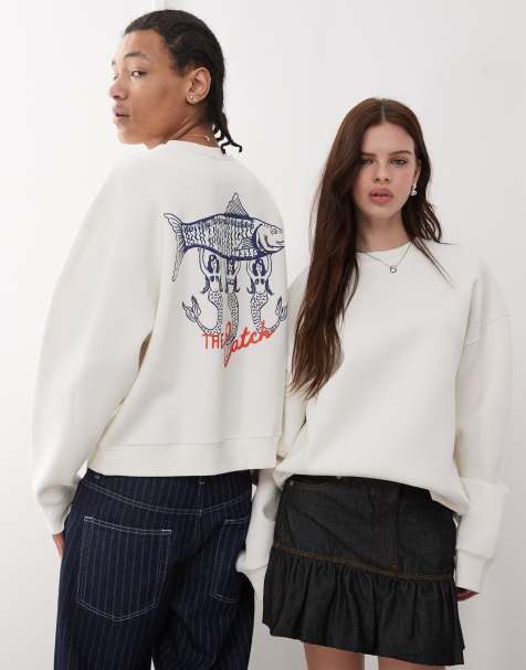 Reclaimed Vintage unisex boxy sweatshirt with fisherman back graphic in ecru - view 1