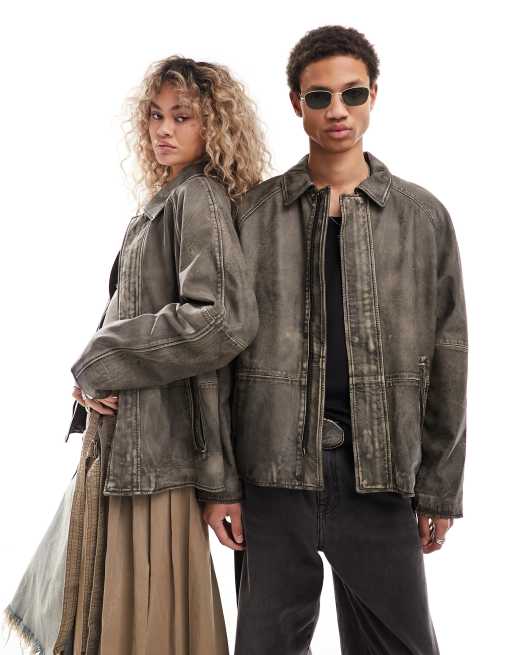 Reclaimed Vintage Unisex – Brązowa kurtka skórzana z zapięciem na zamek i efektem sprania