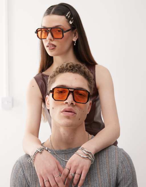 Reclaimed Vintage Unisex – Brązowe kwadratowe okulary przeciwsłoneczne typu aviator z pomarańczowymi soczewkami