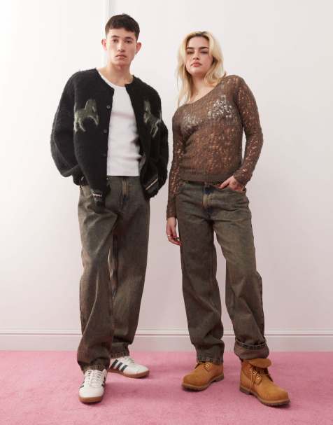 Reclaimed Vintage Unisex – Brązowe sprane jeansy z baryłkowymi nogawkami - view 1