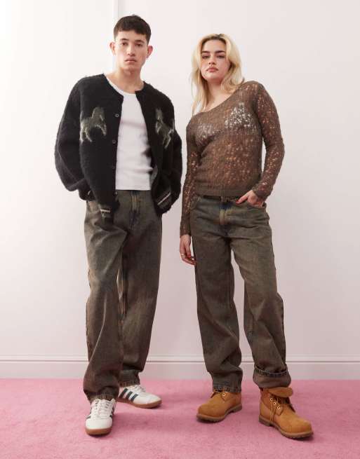 Reclaimed Vintage Unisex – Brązowe sprane jeansy z baryłkowymi nogawkami