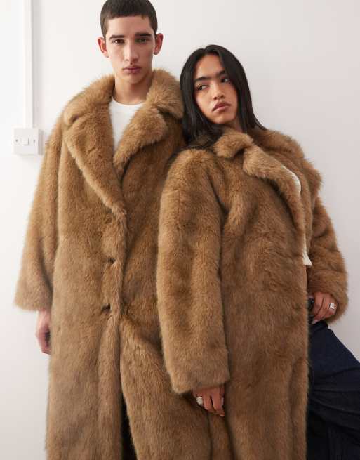 Reclaimed Vintage Unisex – Brązowy płaszcz maxi ze sztucznego