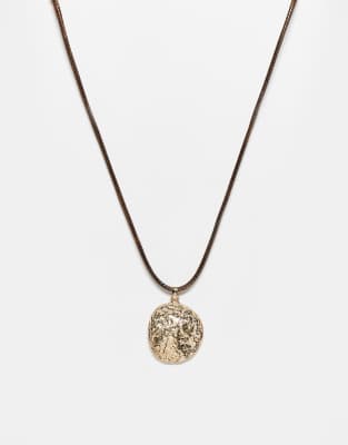 Reclaimed Vintage Unisex Brown Cord Necklace With Molten Gold Pendant