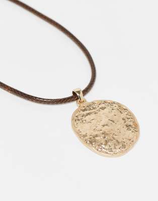 Reclaimed Vintage Unisex Brown Cord Necklace With Molten Gold Pendant