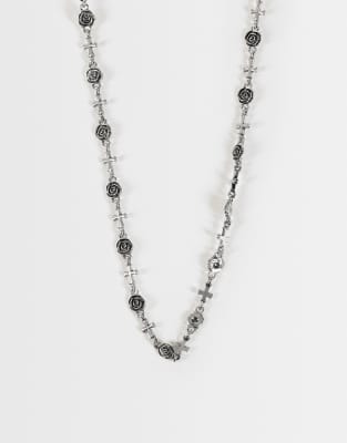 Reclaimed Vintage Unisex Burnished Silver Rose And Cross Necklace